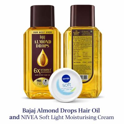 BAJAJ ALMOND DROPS NON STICKY HAIR OIL 475ml AND NIVEA SOFT LIGHT MOISTURIZER CREAM 25ml FREEE